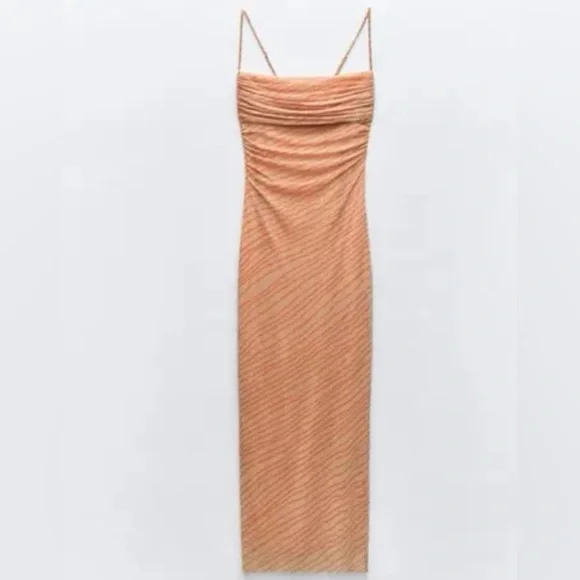 Zara Draped printed orange tulle Elegant Peach Spaghetti Strap Dress XL NWT - Picture 10 of 16